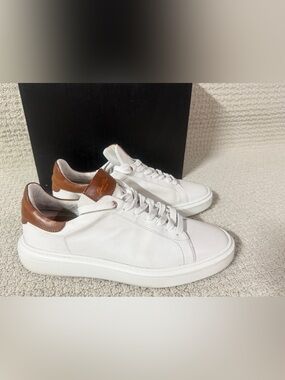 Good Man Brand White  Italian Leather Sneakers with Brown Heel and Tongue